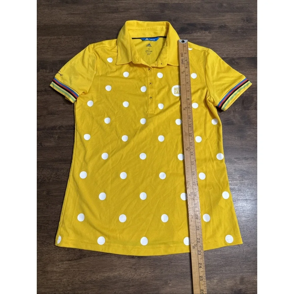 Adidas Golf Shirt Womens Yellow Polka Dot Rainbow Trim Polo CV8771 Rare Sz Small
